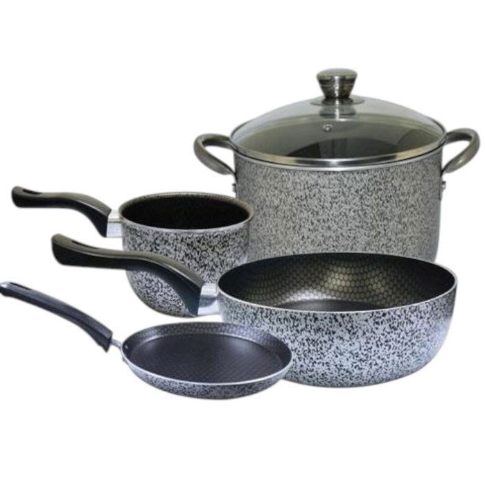 Pack de 5 pcs Ustensiles de cuisine Crêpière 22 cm+Faitout 22 cm avec couvercle en verre+ Casserole 16 cm + Poêle 26 cm