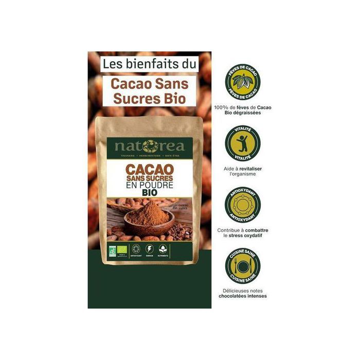 Natorea Cacao Sans Sucre en Poudre Bio 750G 100% de Fèves de Cacao Dégraissées Bio Goût chocolaté intense Qualité Supérieure
