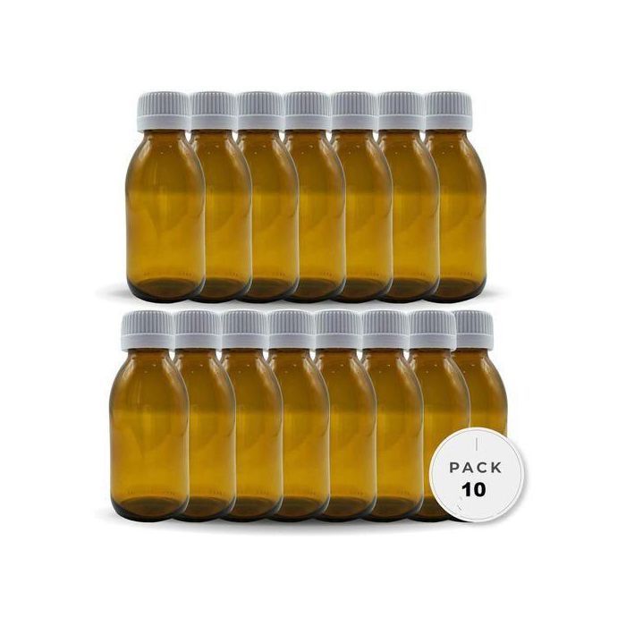 Flacons en verre ambré de 125 ml avec couvercles blancs Medicap ~ Lot de 10 ~