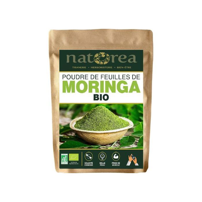Natorea Poudre de feuilles de Moringa Bio 100G  Vitamine A, Antioxydant, Détox, Peau  Qualité Supérieure