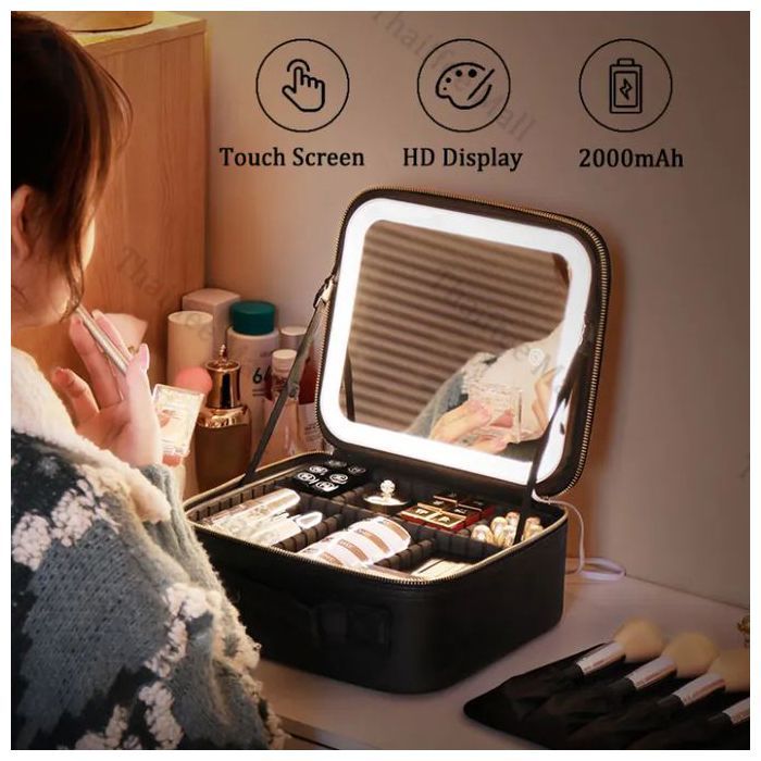 Trousse de maquillage LED avec miroir organiseur de rangement boîte de rangement cosmétique de voyage