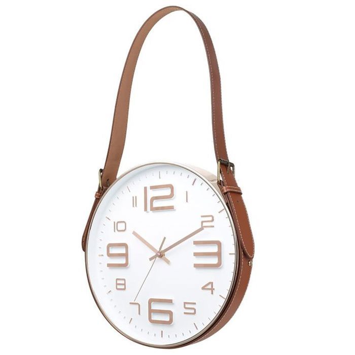 Horloge murale suspendue avec ceinture en cuir, horloge murale décorative moderne sans tic-tac