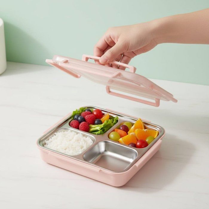 Lunch Box Isotherme - AYA HOME - 4 Compartiments - Acier Inoxydable - 900 ml - Rose