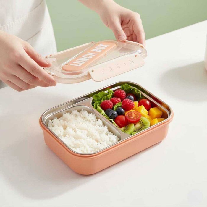 Lunch Box Isotherme avec 2 compartiments + Cuillère plastique alimentaire école  et comptin-24cm/17cm couleur orange