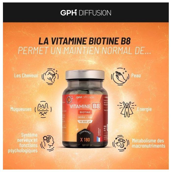 Biotine  Vitamine B8 10000 µg en 180 comprimés  Complément alimentaire pour cheveux, peau et ongles  Haute concentration 10000 µg