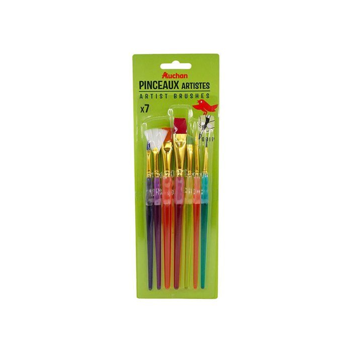 Pinceaux - AUCHAN - Set de 7 - Synthétiques - Couleurs assorties - Résistants et faciles à nettoyer