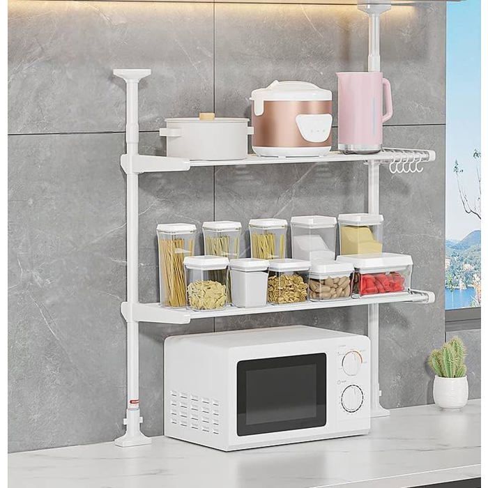 Moulureur étagère réglable 3 niveaux avec poteau double tension - Étagère debout pour rangement au-dessus des toilettes.