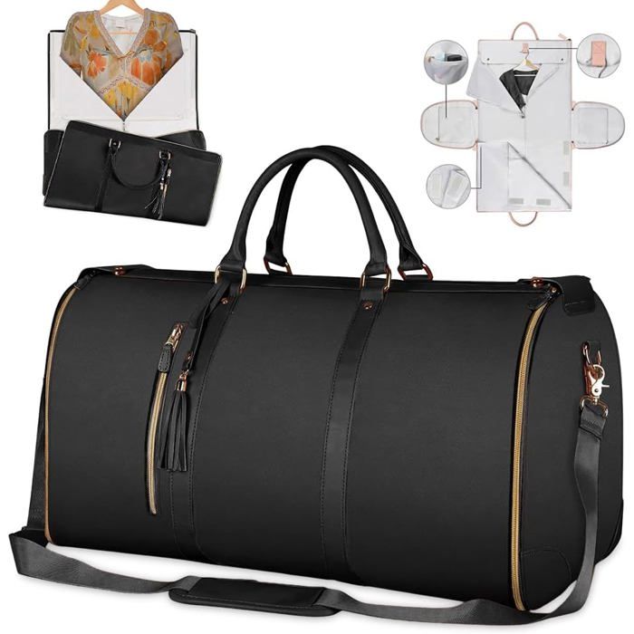 Sac de voyage pliable noir, sac organisateur résistant à l'eau, grande capacité en matériau PU, bagage à main convertible.