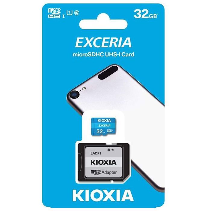 KIOXIA Carte mémoire 32Gb microSDHC UHS-1 C10 U1 Vitesse 100 Mo/s +Adaptateur microSD