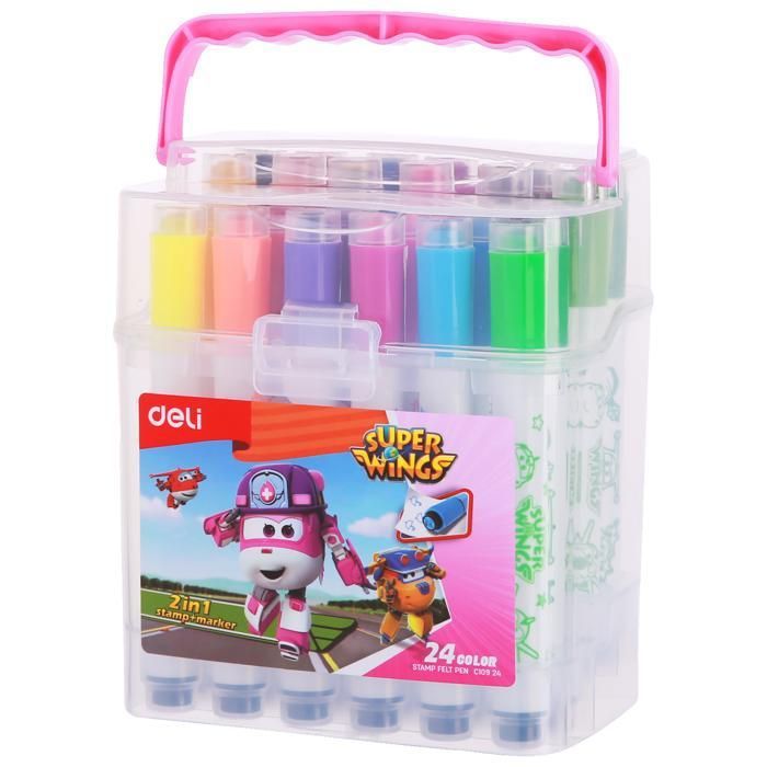 Set de 24 Feutres 2 en 1 avec Tampon – Deli Super Wings