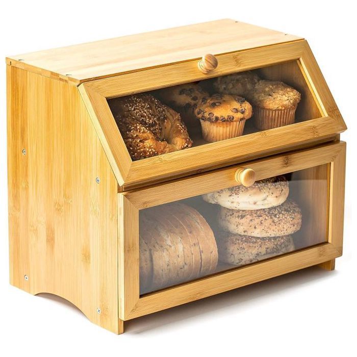 Boîte à Pain en Bambou avec 2 Étages, Box en Bois avec Couvercle Transparent,