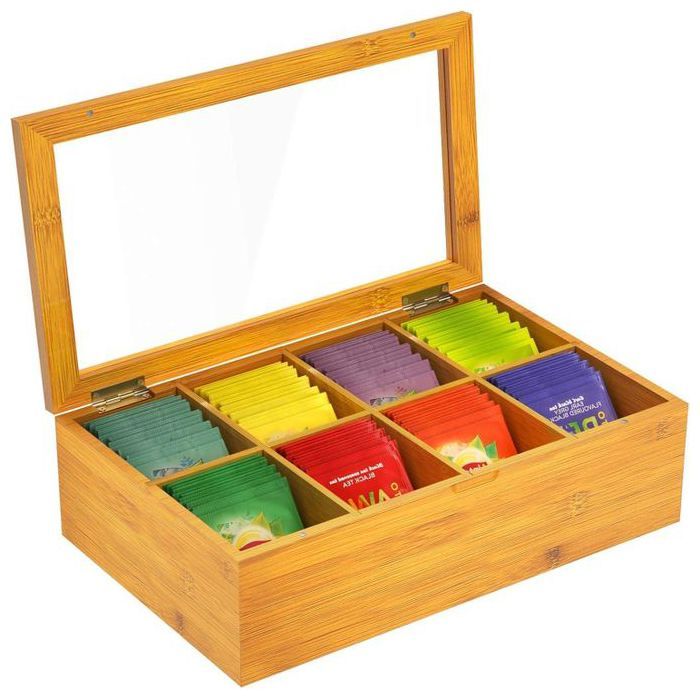 Boîte à thé - GENERIC - 8 compartiments - en bambou - avec couvercle en acrylique - marron