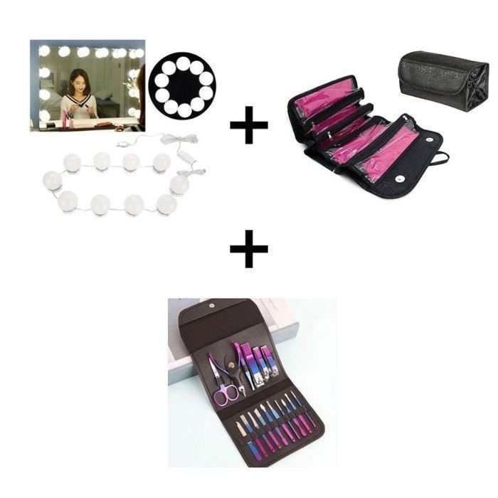 Pack Beaute Complet – Trousse de Maquillage Elegante + Kit Pedicure 16 Pieces + Kit Lumieres LED pour Miroir Vanity (10 Ampoules)
