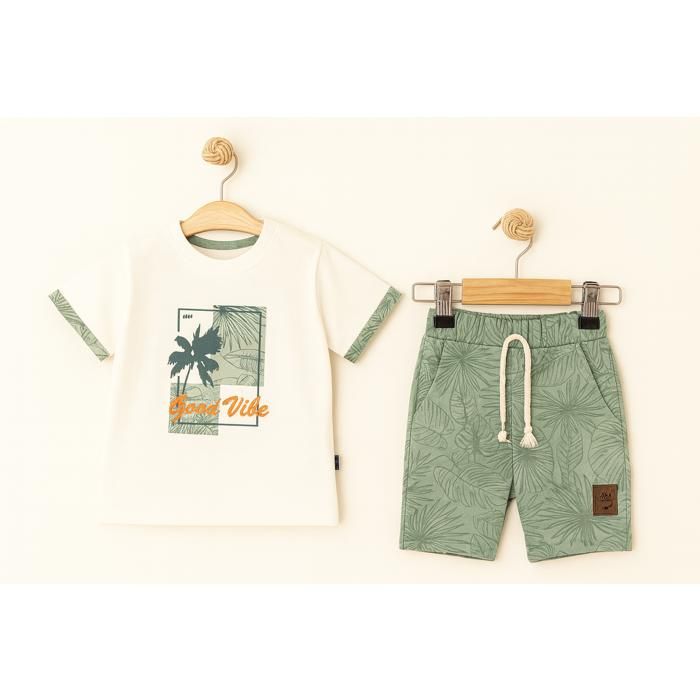 Ensemble été bébé garçon – T-shirt blanc imprimé & Short vert à motifs feuillage