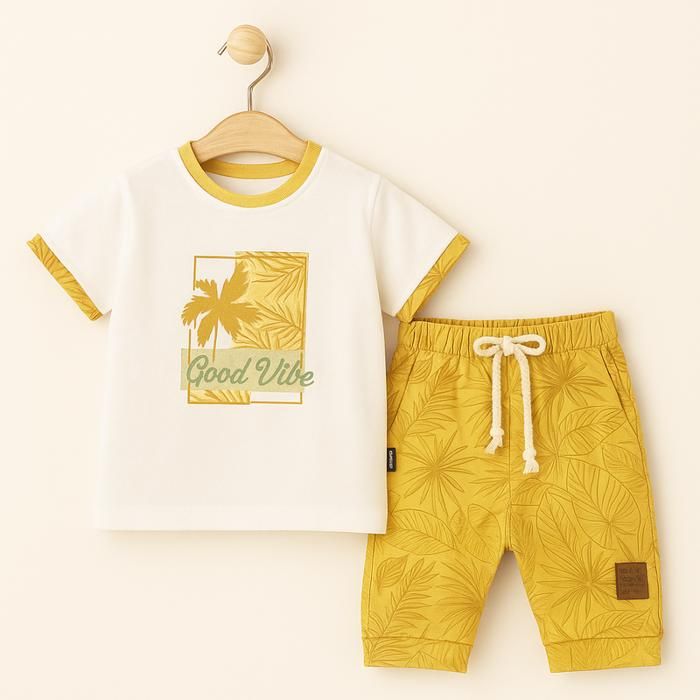 Ensemble été bébé garçon – T-shirt blanc imprimé & Short moutard à motifs feuillage