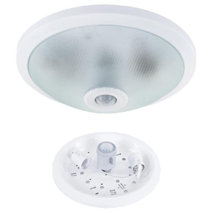 Plafonnier LED BAFRA avec détecteur, 2 douilles E27 porcelaine, couvercle verre.