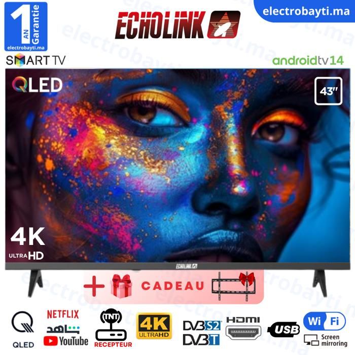 SMART TV - ECHOLINK - 43 Pouces - 4K UHD - Android 14 - Wi-Fi, Bluetooth, DVB-T2/S2
