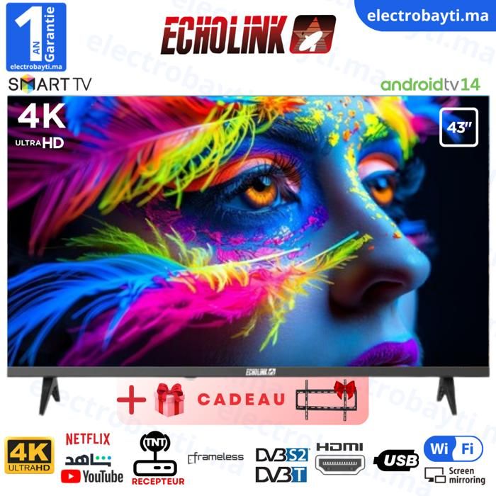 Smart TV - ECHOLINK - 43 Pouces - QLED - 4K UHD - Android 14 - Wi-Fi, Bluetooth, DVB-T2/S2