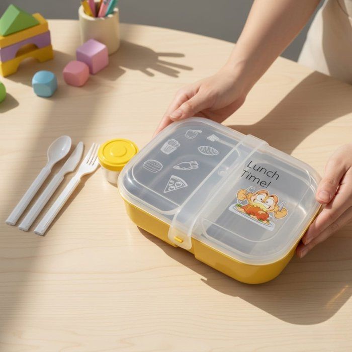 Lunch box à deux compartiments on inox -couverts en plastique alimentaire-boite à sauce -Idéal école crèche & université