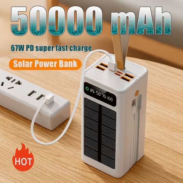 Power Bank Solaire 50000mAh–67W PD super Charge Rapide, 2 câbles inclus, 7 ports pour tous les téléphone & accessoires