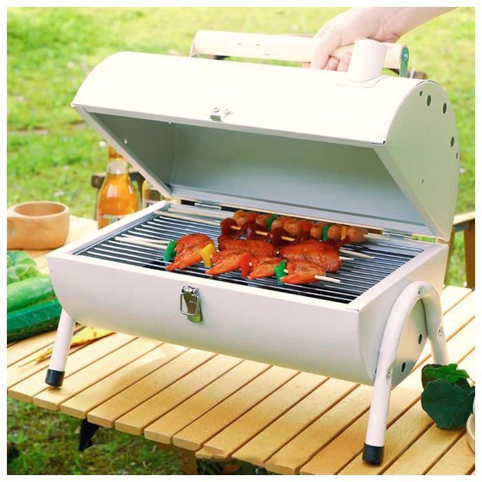 Gril de Barbecue portatif avec 2 grilles, Barbecue à Charbon, avec Couvercle et Poignée en Bois