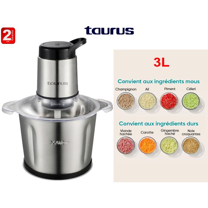 Hachoir Électrique - TAURUS - KWIK PRO 3 - Bol Inox 3L - 6 Lames Acier Inox - 600W