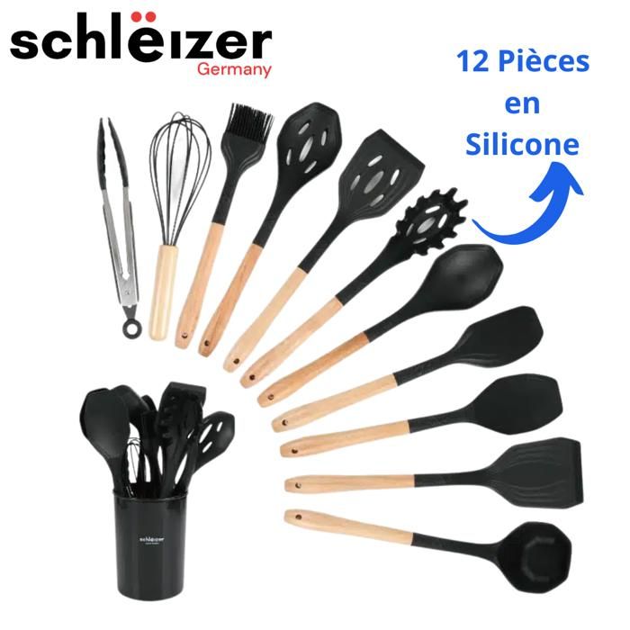 Schleizer - Set d'ustensiles de cuisine en silicone et bois, Antiadhésif, 12 Pieces