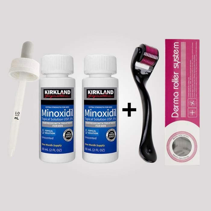 Traitement capillaire - Kirkland - Minoxidil 5% - 2x60ml - Derma roller - Anti-chute cheveux