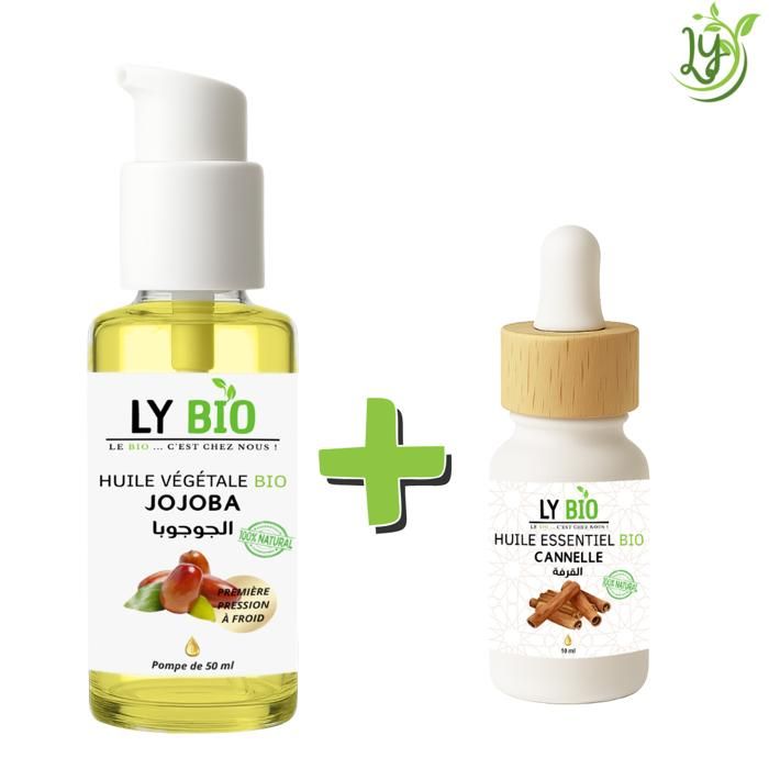 Pack de soins - LYBIO - Huile Jojoba 50ml - Pompe - Huile Essentielle Cannelle 10ml - Hydratant