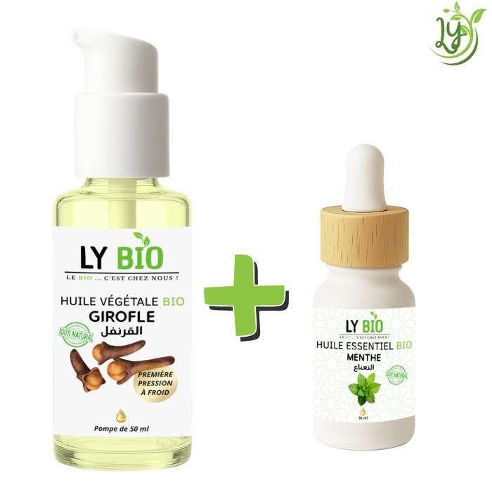 Pack Huile Girofle 50ml - LYBIO - Menthe 10ml - Soin Cheveux - Anti-imperfections - Tonifiant