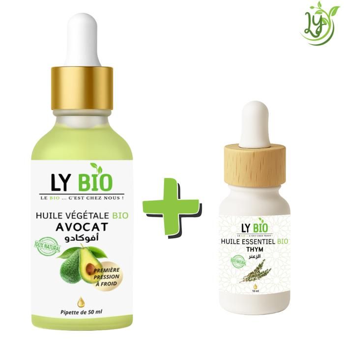 Pack de soins - LYBIO - HUILE AVOCAT 50ml - PIPETTE - HUILE ESSENTIEL THYM 10ml - Hydratant
