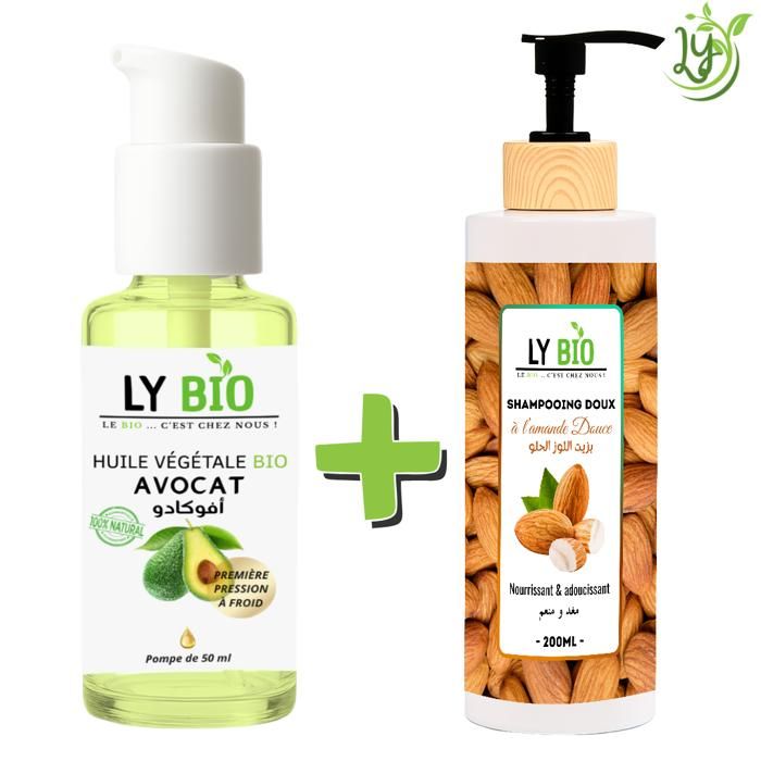 LYBIO PACK HUILE AVOCAT 50ml - POMPE + SHAMPOOING AMANDE DOUCE 200ML - NOURRISSANT & ADOUCISSANT