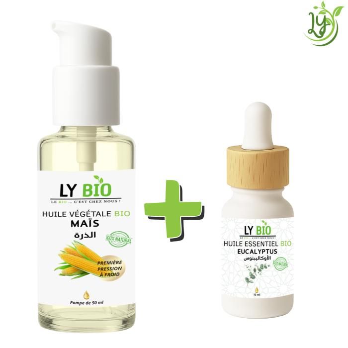 Pack de soins - LYBIO - Huile de maïs 50ml - Huile essentielle eucalyptus 10ml - Hydratant - Mixte