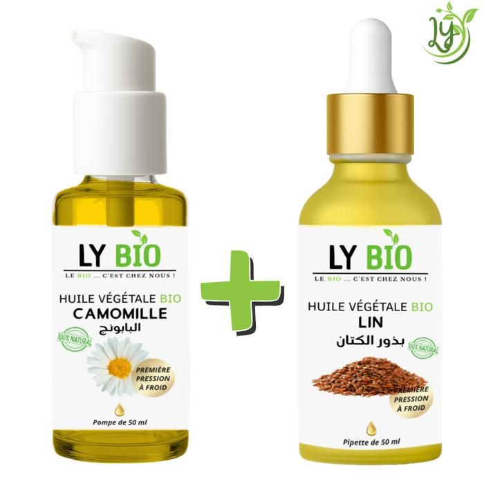 Pack Huile Camomille 50ml - LYBIO - Huile Lin 50ml - Apaisant - Hydratant - Réparateur
