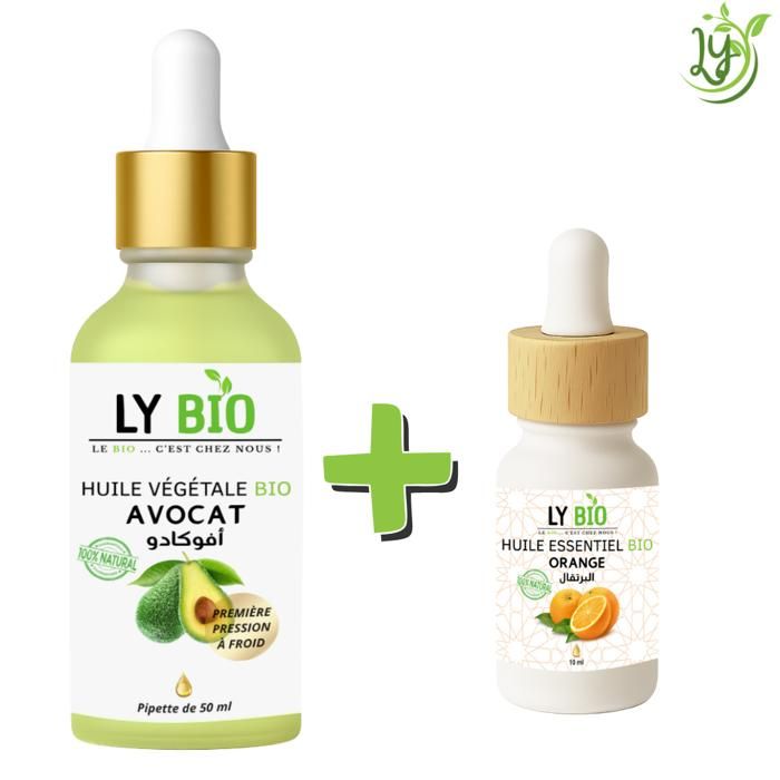 Pack de soins - LYBIO - HUILE AVOCAT 50ml - PIPETTE - HUILE ESSENTIEL ORANGE 10ml - Hydratant