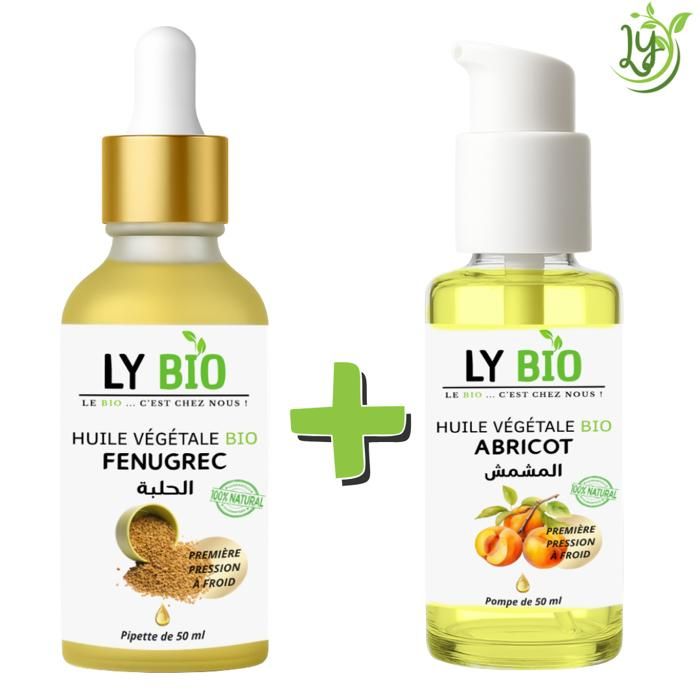 Pack d'huiles - LYBIO - Huile Fenugrec 50ml - Pipette - Huile Abricot 50ml - Pompe