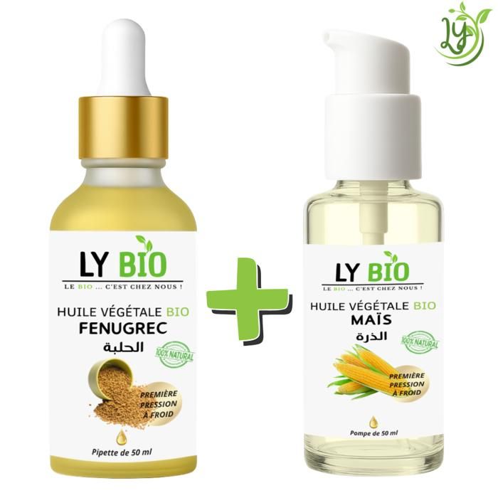 Pack d'huiles - LYBIO - Huile de fenugrec 50ml - Pipette - Huile de maïs 50ml - Pompe
