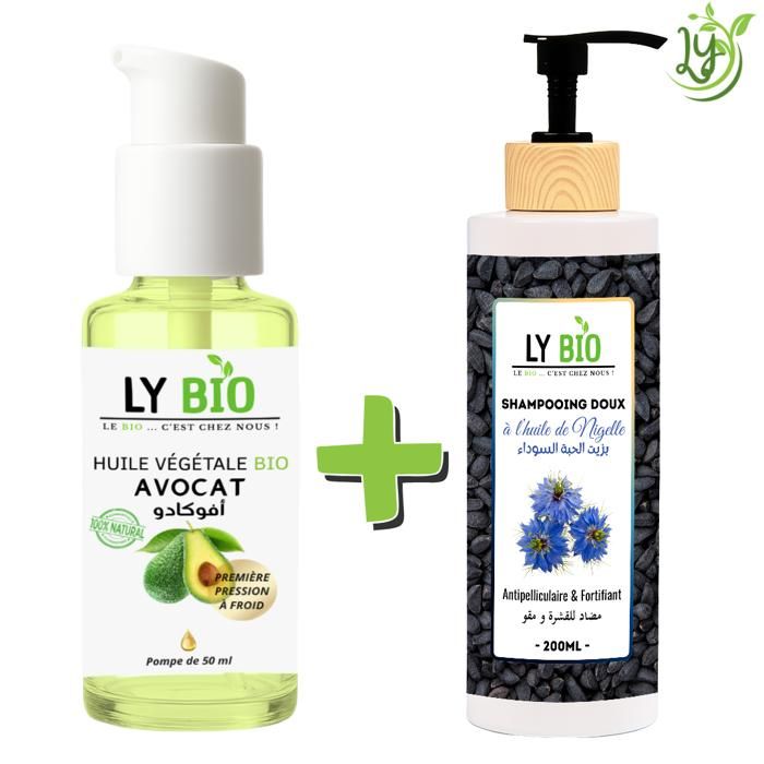 LYBIO PACK HUILE AVOCAT 50ml - POMPE + SHAMPOOING A L'HUILE DE NIGELLE 200ML - ANTIPELLICULAIRE & FORTIFIANT