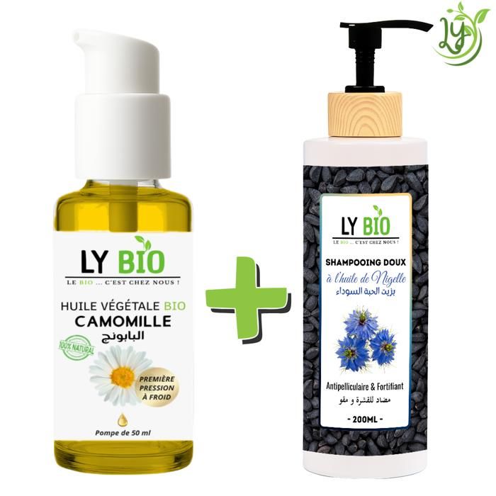 LYBIO PACK HUILE CAMOMILLE 50ML - POMPE + SHAMPOOING A L'HUILE DE NIGELLE 200ML - ANTIPELLICULAIRE & FORTIFIANT