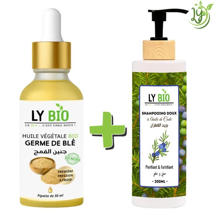Pack de soins capillaires - LYBIO - Huile germe de blé 50ml - Shampooing huile de cade 200ml - Nourrissant