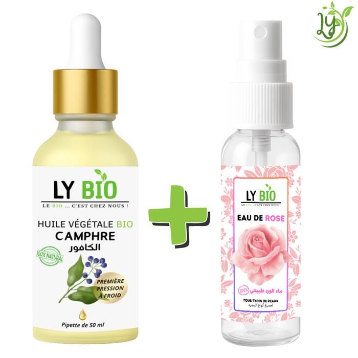 Pack de soins - LYBIO - Huile Camphrée 50ml - Pipette - Eau de Rose 100ml - Tous types de cheveux