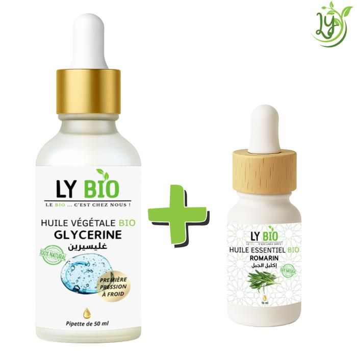 Pack de soins - LYBIO - HUILE GLYCERINE 50ml - PIPETTE - HUILE ESSENTIEL ROMARIN 10ML - Hydratant