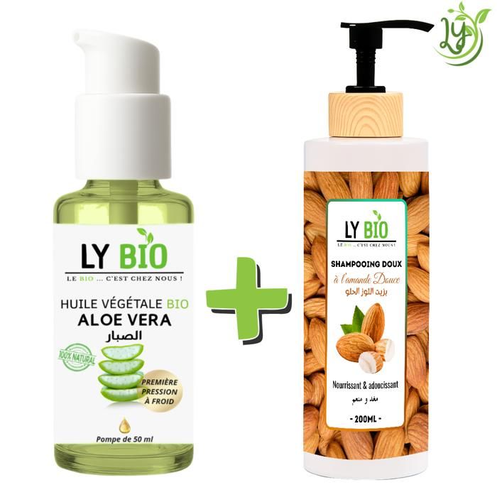 Pack HUILE ALOE VERA 50ml - LYBIO - Shampooing Amande Douce 200ml - Nourrissant - Adoucissant