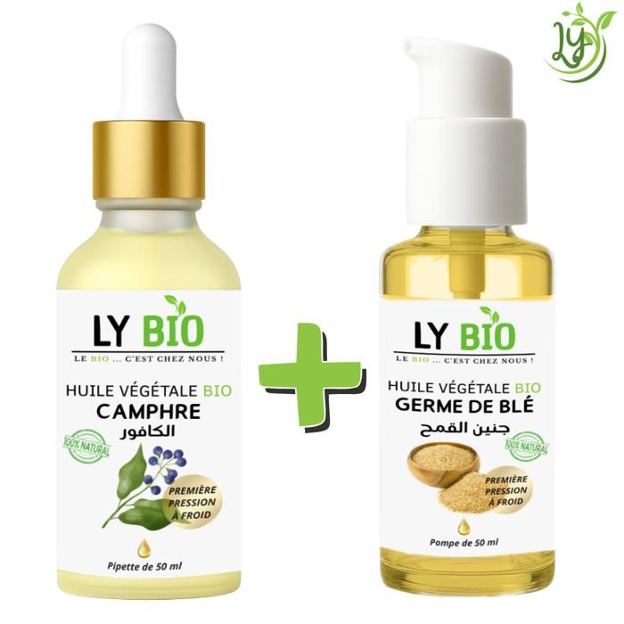 Pack d'huiles - LYBIO - Huile Camphrée 50ml - Pipette - Huile Germe de Blé 50ml - Pompe
