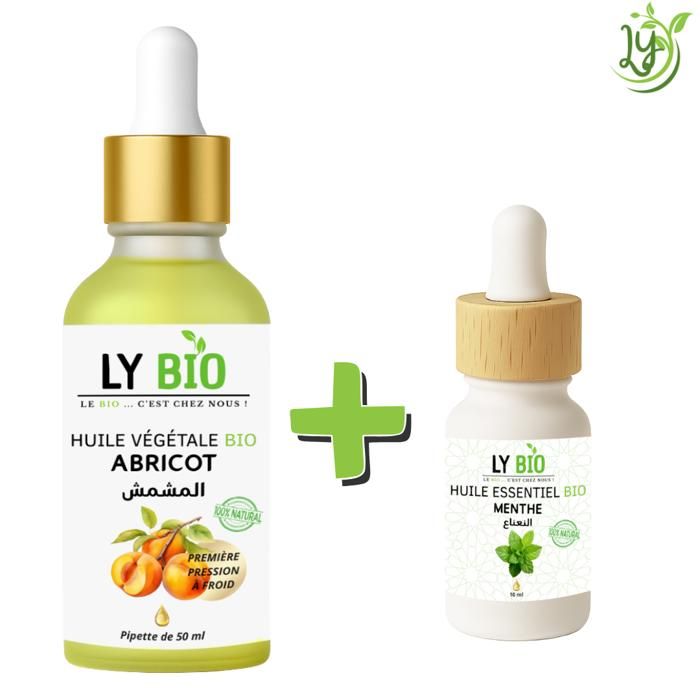 Pack de soins - LYBIO - Huile Abricot 50ml - Pipette - Huile Essentielle Menthe 10ml - Hydratant
