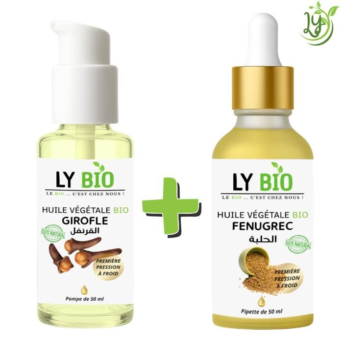Pack d'huiles - LYBIO - Huile Girofle 50ml - Pompe - Huile Fenugrec 50ml - Pipette