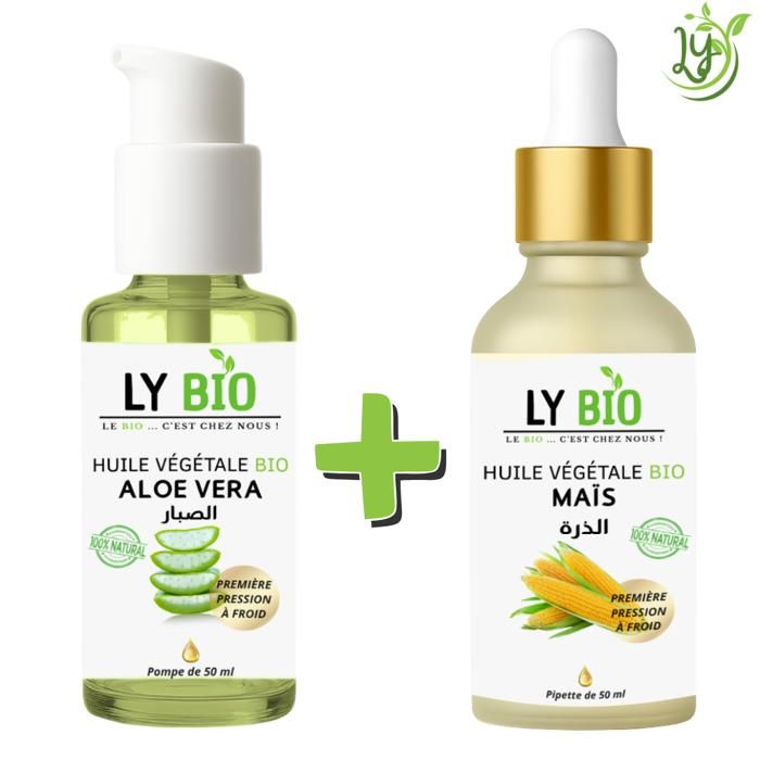 Pack Huile Aloe Vera 50ml - LYBIO - Huile de Maïs 50ml - Hydratation - Soin Cheveux - Mixte