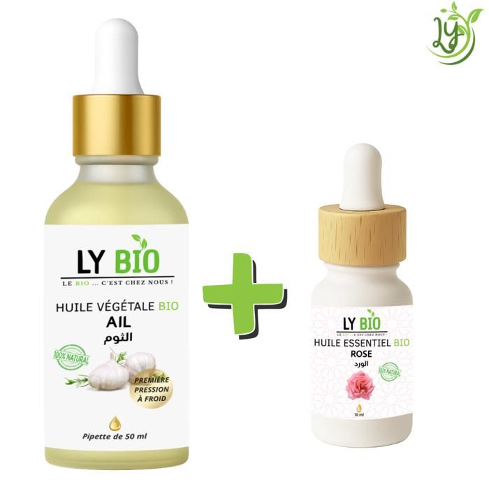 Pack Huile - LYBIO - Huile Ail 50ml - Huile Essentielle Rose 10ml - Soin Naturel Complet