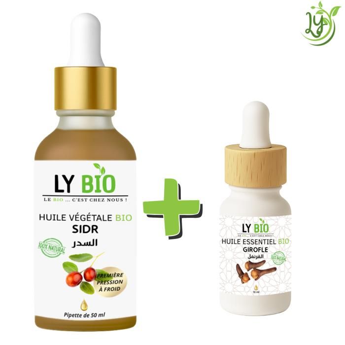 Pack de soins - LYBIO - HUILE SIDR 50ML - PIPETTE - HUILE ESSENTIEL GIROFLE 10ML - Tous types de cheveux