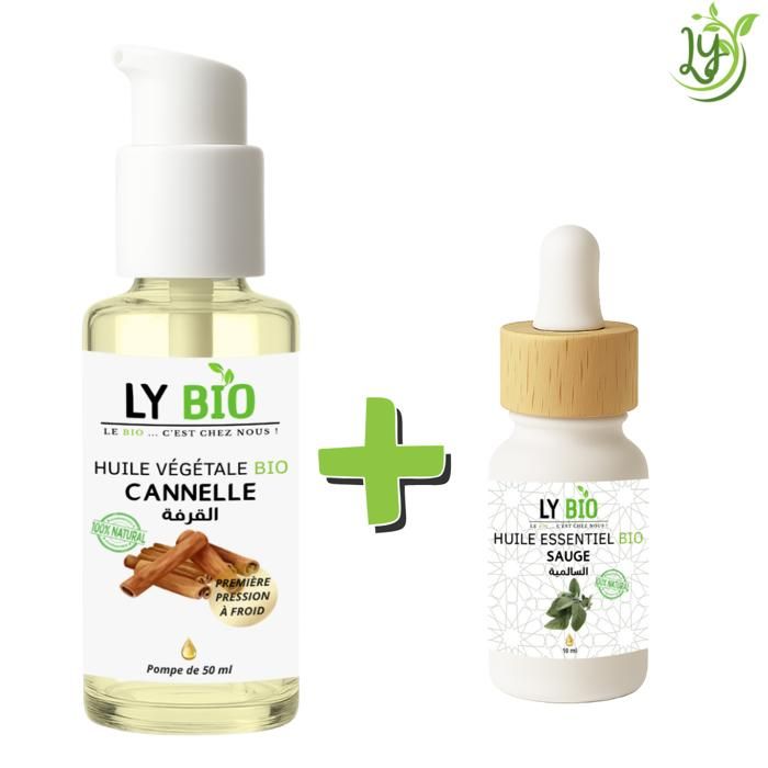 Pack d'huiles - LYBIO - Huile Cannelle 50ml - Huile Essentielle Sauge 10ml - Mixte - Tous types de cheveux
